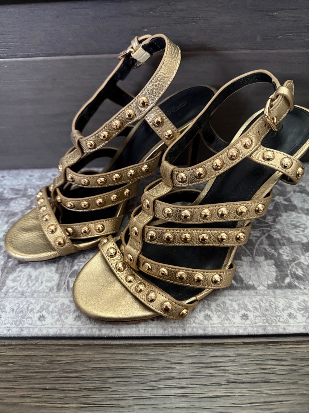 Coach Metallic Gold Studded Strappy Heels